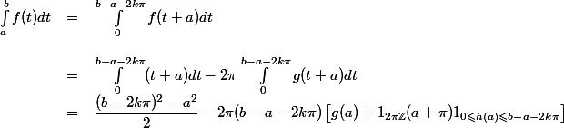 \begin{array}{lcl}
 \\ \int_a^b f(t)dt &=& \int_0^{b-a-2k\pi} f(t+a)dt\\
 \\ &=& \int_0^{b-a - 2k\pi} (t+a)dt - 2\pi\int_0^{b-a - 2k\pi} g(t+a)dt
 \\ &=& \dfrac{(b-2k\pi)^2-a^2}{2} - 2\pi(b-a - 2k\pi)\left[ g(a) + 1_{2\pi\Z}(a+\pi) 1_{0\leqslant h(a)\leqslant b-a - 2k\pi}\right]
 \\ \end{array}
